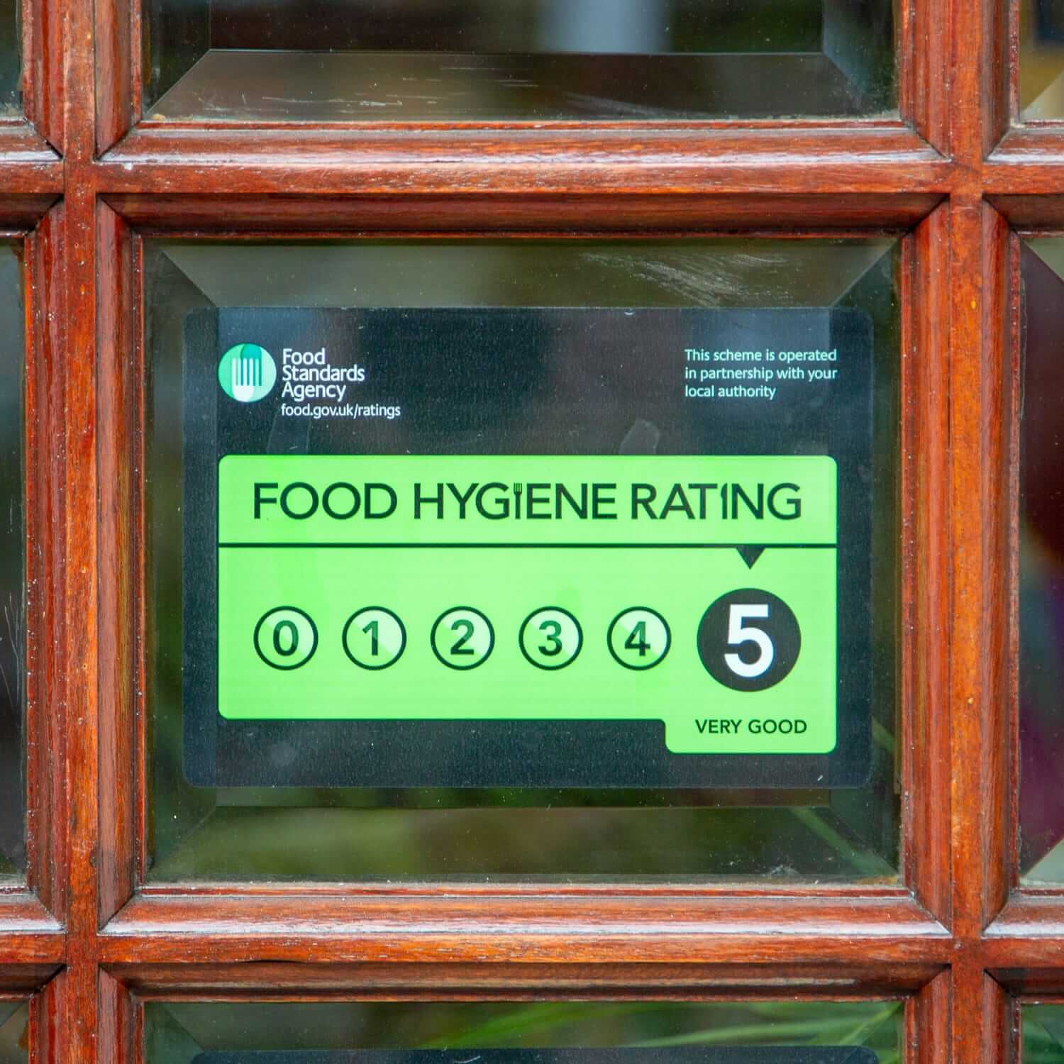 Shop doorway displaying a 5 star hygiene rating.